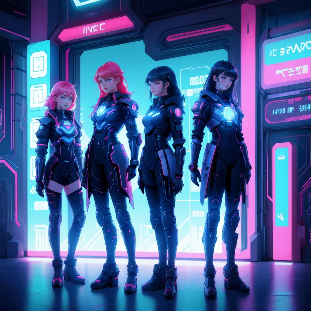 A futuristic, cyberpunk scene with a neon grid floor, glowing cryptocurrency symbols, and a digital cityscape in the background. multiple beautiful, cute girls in red and blue cybernetic armor, keeping the background exactly the same.