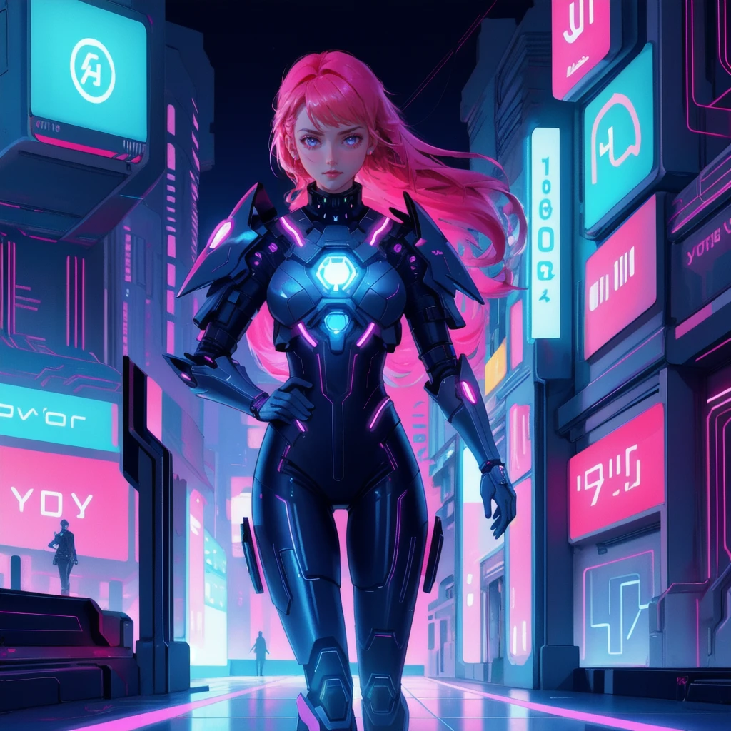 A futuristic, cyberpunk scene with a neon grid floor, glowing cryptocurrency symbols, and a digital cityscape in the background. multiple beautiful, cute girls in red and blue cybernetic armor, keeping the background exactly the same.