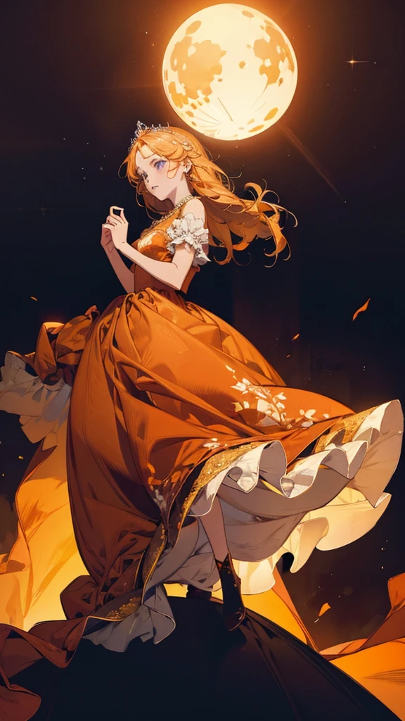 a princess wears orange dress, haunting, glowing dress