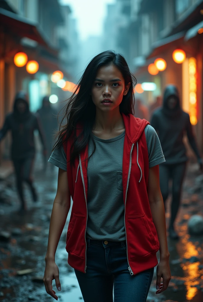 


A movie poster featuring a 20-year-old woman dressed in a red hoodie and a gray T-shirt with a pocket, walking through the heart of Bangkok. Zombies are following her, and there are dead bodies scattered on the streets."




