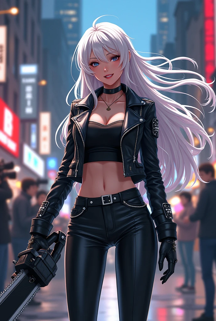 , with long white hair, in a leather jacket. Where the press is visible. With a smile with sharp teeth, in black boots and leather pants. In his hand with a huge sword and chainsaw. anime style