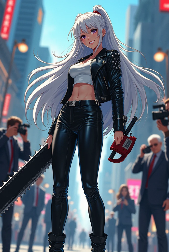 , with long white hair, in a leather jacket. Where the press is visible. With a smile with sharp teeth, in black boots and leather pants. In his hand with a huge sword and chainsaw. anime style