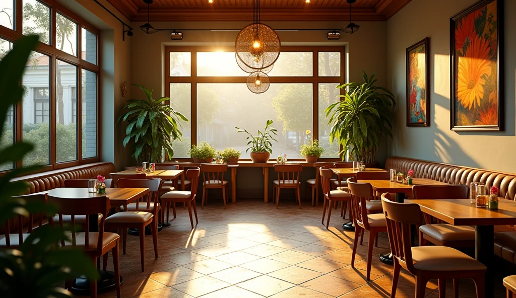 A direct view of a cozy cafe interior without showing the counter. The focus is on the seating area, with tables and chairs arranged neatly. The decor includes warm lighting, potted plants, and artwork on the walls, creating an inviting and comfortable atmosphere. The floor is a mix of wood and tiles, and large windows allow natural light to fill the space. The overall vibe is relaxed and welcoming, perfect for customers to enjoy their time.