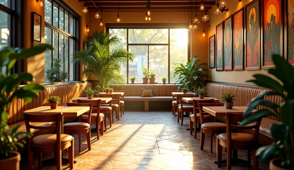 A direct view of a cozy cafe interior without showing the counter. The focus is on the seating area, with tables and chairs arranged neatly. The decor includes warm lighting, potted plants, and artwork on the walls, creating an inviting and comfortable atmosphere. The floor is a mix of wood and tiles, and large windows allow natural light to fill the space. The overall vibe is relaxed and welcoming, perfect for customers to enjoy their time.
