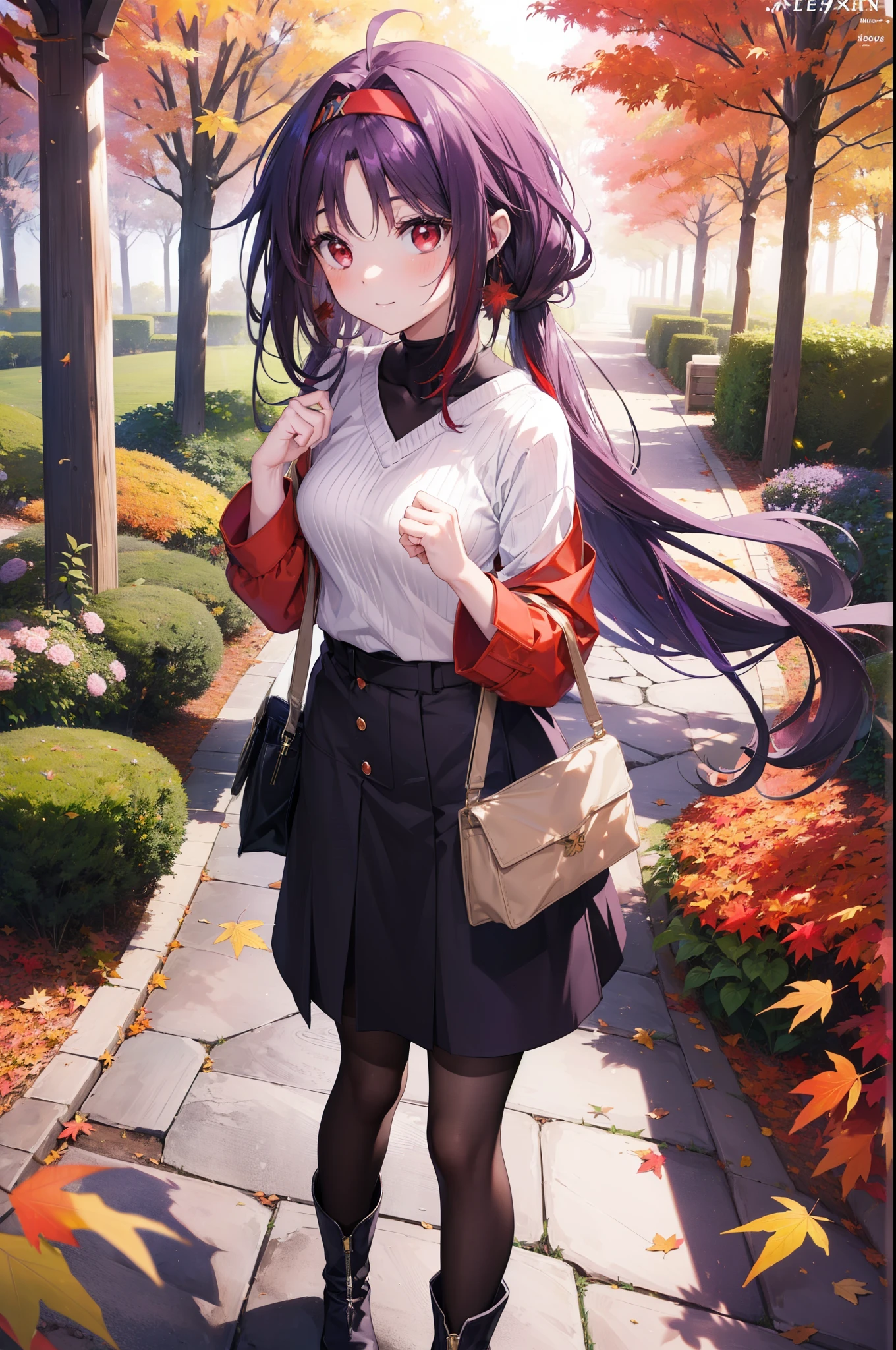 yuukikonno, Yuuki Konno, hair band, Long Hair, Pointed Ears, Purple Hair, Ahoge,(Red eyes:1.5), (Small breasts:1.2), smile,blush,Close your mouth,purple v neck sweater,mini skirt,Black pantyhose,short boots,Walking,autumn leaves,autumn leaves,scattered,autumn leavesが積もっている,Autumn sky,whole bodyがイラストに入るように,
break looking at viewer, whole body,
break outdoors, garden,forest, nature,
break (masterpiece:1.2), Highest quality, High resolution, unity 8k wallpaper, (figure:0.8), (Beautiful attention to detail:1.6), Highly detailed face, Perfect lighting, Highly detailed CG, (Perfect hands, Perfect Anatomy),
