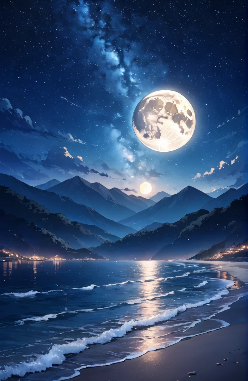 Beautiful night sea,Starry Sky,mountains,Big Moon,landscape