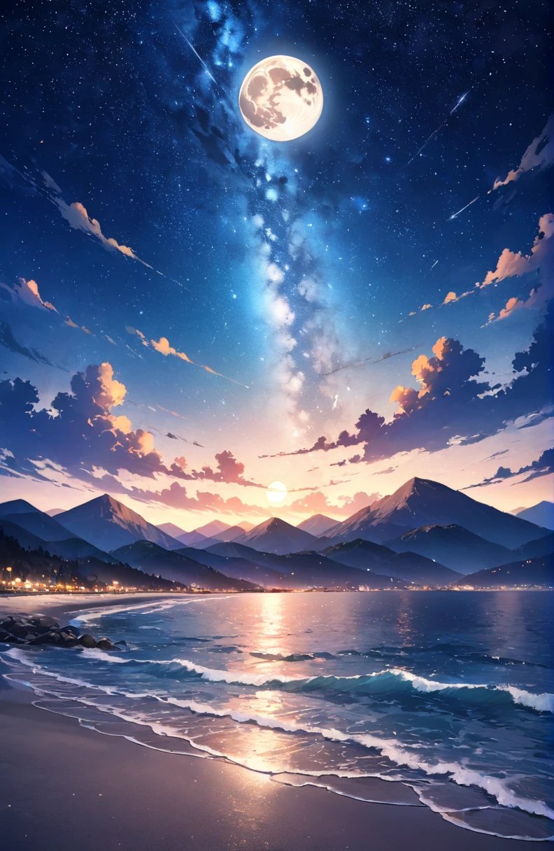 Beautiful night sea,Starry Sky,mountains,Big Moon,landscape