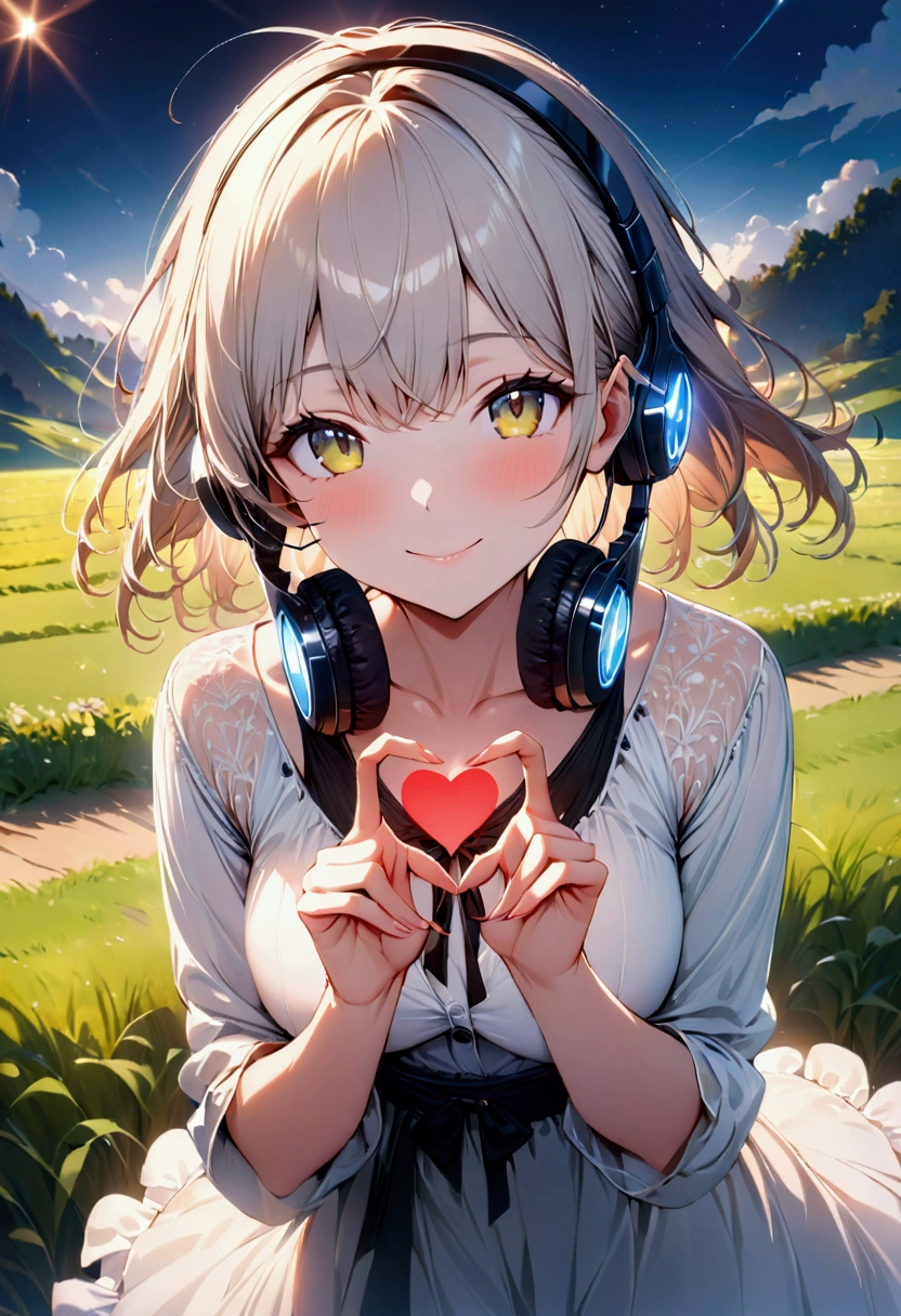 beautiful girl,headphone, smile,Cinema Lighting, (masterpiece:1.2), 最high quality, high quality, High resolution, (Super detailed), Detailed Background, One person,field,Bright sky,looking at the camera,Making a Heart with Fingers,Daytime,