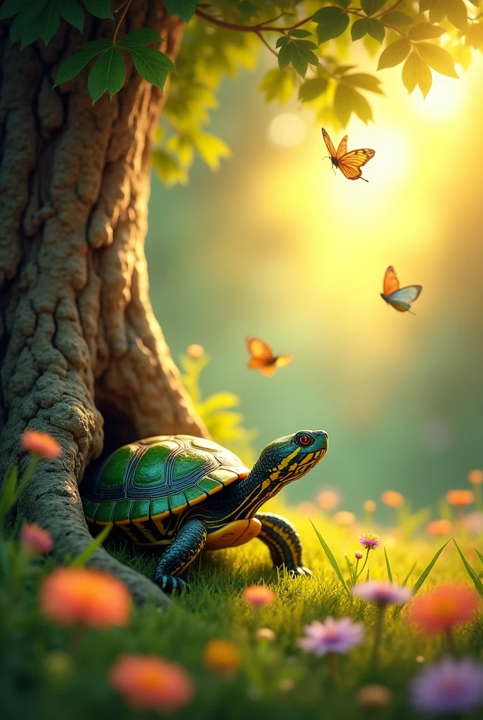 A little turtle hiding behind a tree for a children&#39;s book