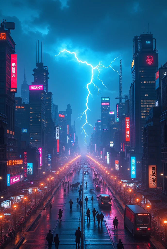 Create a detailed image of a fierce, confident woman standing in the middle of a futuristic city at dusk. She is holding a glowing lightsaber in her right hand and wears a black leather jacket, tight black pants, and a serious expression. Her wavy blonde hair flows in the wind as she stares forward with intense blue eyes, illuminated by the neon lights around her. The city behind her is bustling with life, filled with skyscrapers, street lights, and neon signs, with a mix of cool blue and warm pink tones, creating a cyberpunk atmosphere. The title "P.Y.GAN" is prominently displayed above her in bold, glowing blue letters, with lightning
striking the sky behind it. Only Background