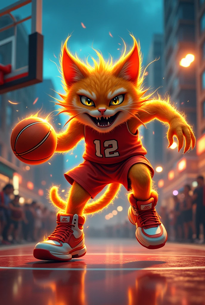 Fire Angry Cat with an amazing shoes playing basketball