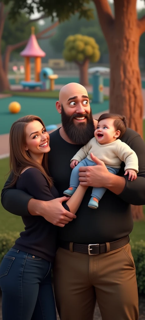 family of 3 people, an adult couple and an 8-month-old baby. The father is in the center, he is the tallest, big and strong, shaved bald hair and has a medium black Viking-style beard, with light brown eyes and a big smile. The father is holding the 8-month-old baby in his left arm. The eight-month-old baby has dark blond hair and big dark blue eyes. The mother has light brown hair and light brown eyes, her hair tied up and a beautiful smile, she is very beautiful and elegant. Character should be colorful and have a fun, friendly look, with exaggerated, expressive features. Pixar style