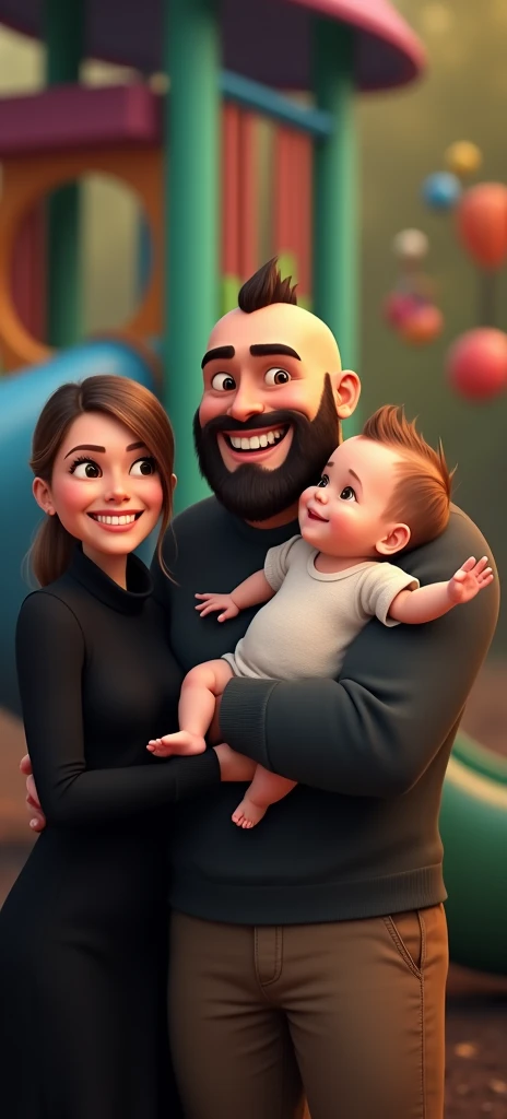 family of 3 people, an adult couple and an 8-month-old baby. The father is in the center, he is the tallest, big and strong, shaved bald hair and has a medium black Viking-style beard, with light brown eyes and a big smile. The father is holding the 8-month-old baby in his left arm. The eight-month-old baby has dark blond hair and big dark blue eyes. The mother has light brown hair and light brown eyes, her hair tied up and a beautiful smile, she is very beautiful and elegant. Character should be colorful and have a fun, friendly look, with exaggerated, expressive features. Pixar style