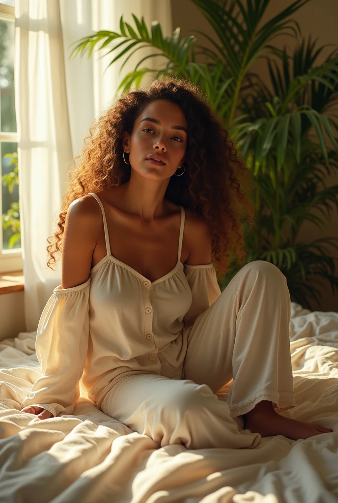 (photorealism:1.2), beautiful woman, sitting on bed, wearing loose off-shoulder top, pajama pants, long curly hair, indoors, soft lighting, plants in background, window with sunlight, cozy room, relaxed pose, realistic, intricate details, warm colors, by Greg Rutkowski, by Alphonse Mucha