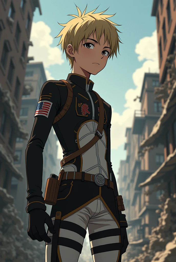 man, short hair, gotten up, rubio, thick eyebrows, big black eyes, delgado, white, in the style of Attack on Titan anime 