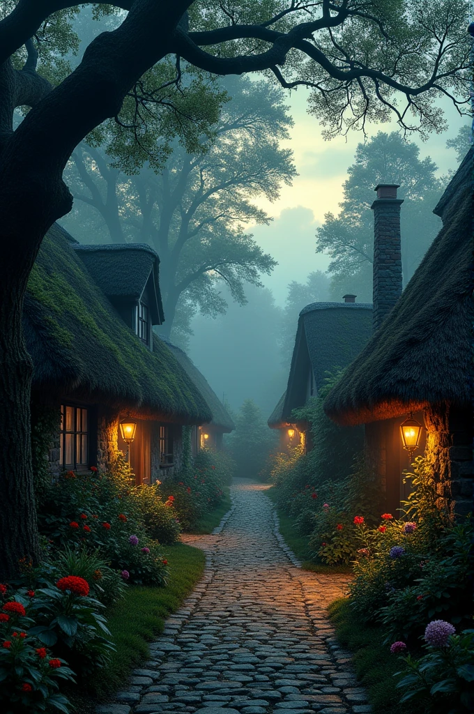 A quaint village next to a dark, dense forest with looming, shadowy trees.