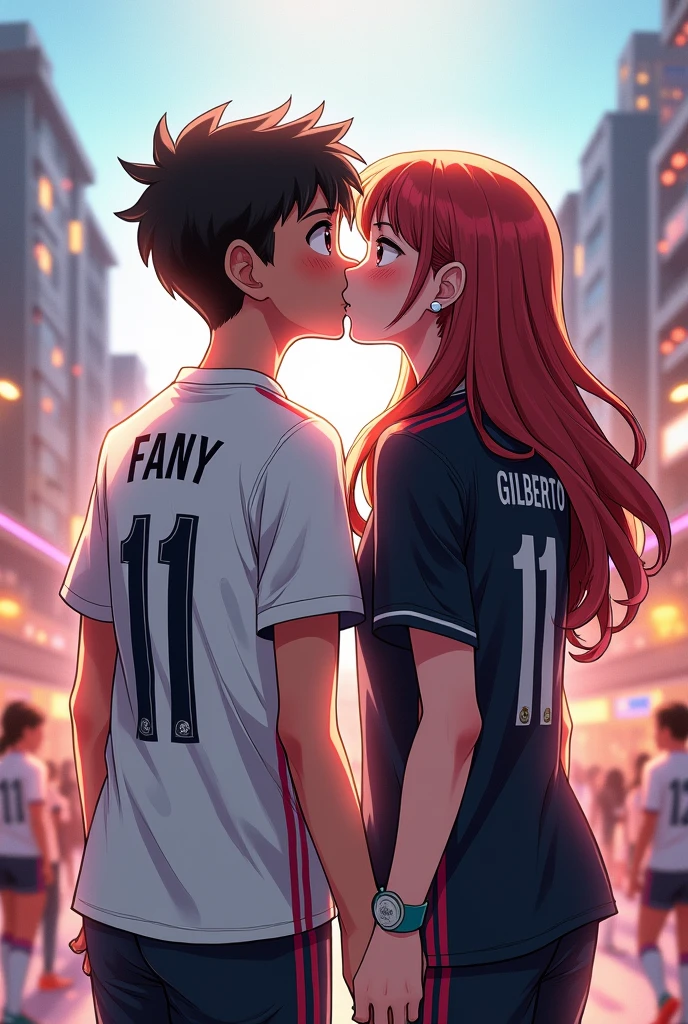 High quality photography, both wearing Real Madrid shirts, On the boy's back is the name Fany with the number 11 below the white shirt, and on the girl is the name Gilberto with the number 11 below the black shirt, the couple with Nike tennis shoes, anime drawings giving each other a kiss on the mouth