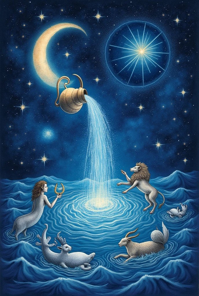 The realistic art, themed on the ocean of the constellations, features characters corresponding to each of the 12 zodiac signs. Aquarius is in the upper left corner of the screen, from which flows the delicate, sparkling Milky Way. In the center, Virgo floats with Pisces, as if swimming. Surrounding them are characters representing Aries, Taurus, Gemini, Cancer, Leo, Libra, Scorpio, Sagittarius, and Capricorn. The deep space and sparkling stars represent the ocean.