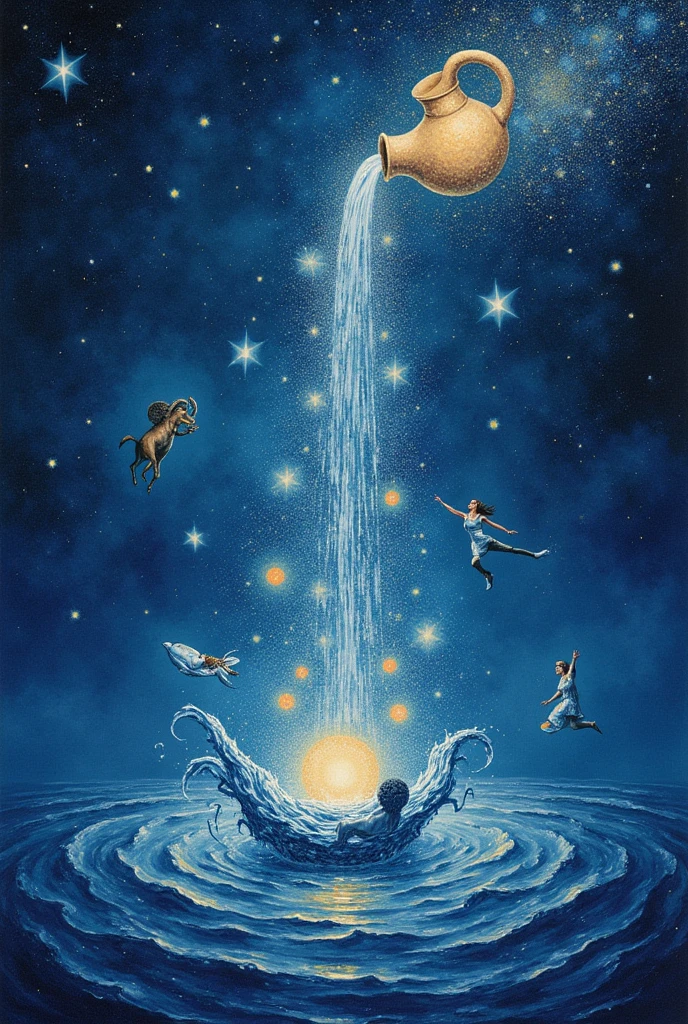 The realistic art, themed on the ocean of the constellations, features characters corresponding to each of the 12 zodiac signs. Aquarius is in the upper left corner of the screen, from which flows the delicate, sparkling Milky Way. In the center, Virgo floats with Pisces, as if swimming. Surrounding them are characters representing Aries, Taurus, Gemini, Cancer, Leo, Libra, Scorpio, Sagittarius, and Capricorn. The deep space and sparkling stars represent the ocean.