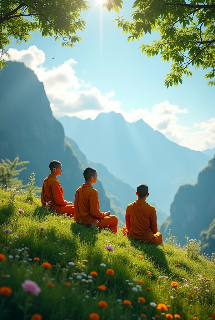 most beautiful natural nature background Meditating 3 bhikku and his faces