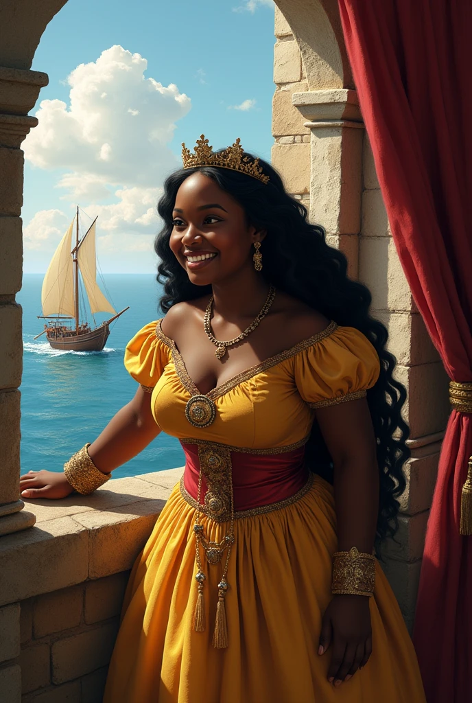 A fat African princess, black skin, white eyes, long hair, very beautiful, in an ancient European castle, looking out to the sea, there is a junk, sailing, she is happy, wearing a princess dress, her hand on the window sill.
