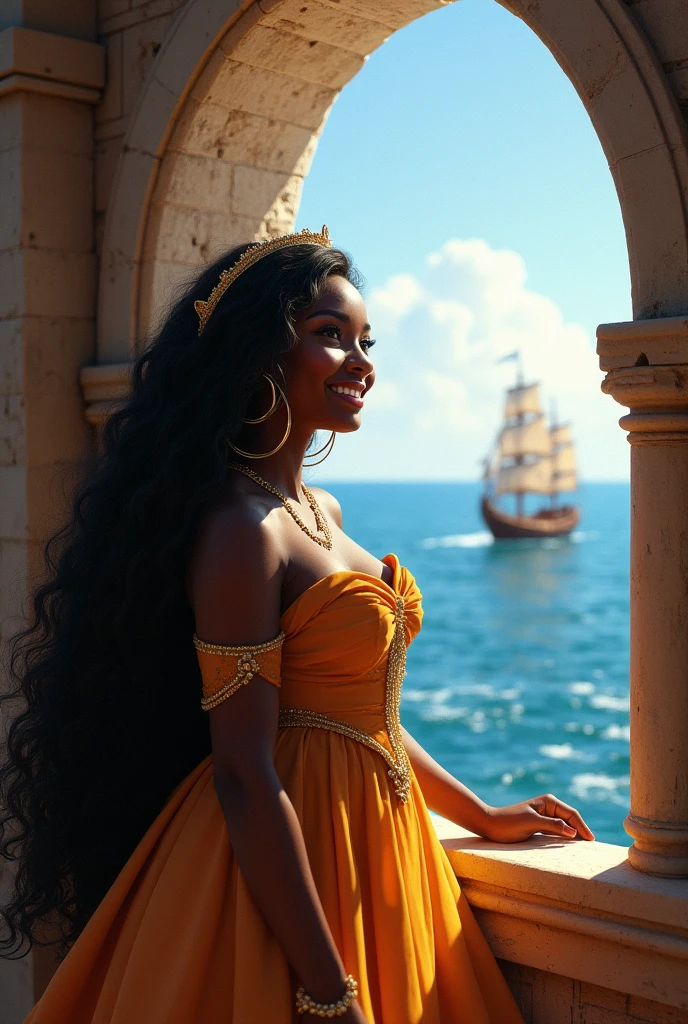 A fat African princess, black skin, white eyes, long hair, very beautiful, in an ancient European castle, looking out to the sea, there is a junk, sailing, she is happy, wearing a princess dress, her hand on the window sill.