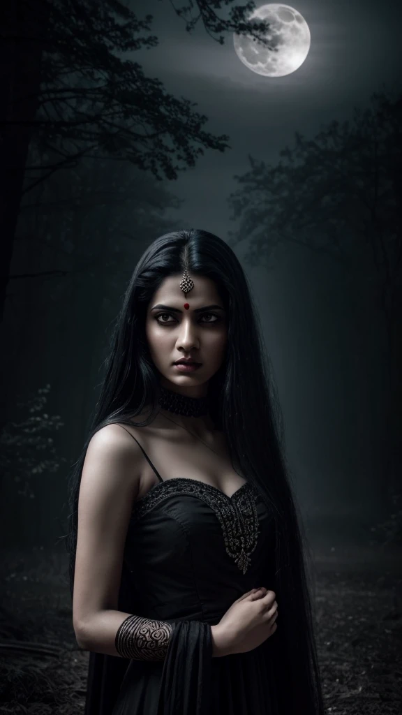 a beautiful indian woman angry red eyes big Nail ghost, detailed face and eyes, ghostly pale skin, long black hair, ghostly dress, dark horror room, full moon, dark cloudy sky, fog, moonlight, dramatic lighting, cinematic, dark fantasy, horror, gothic, moody, atmospheric, highly detailed, 8k, photorealistic, chiaroscuro, full body image