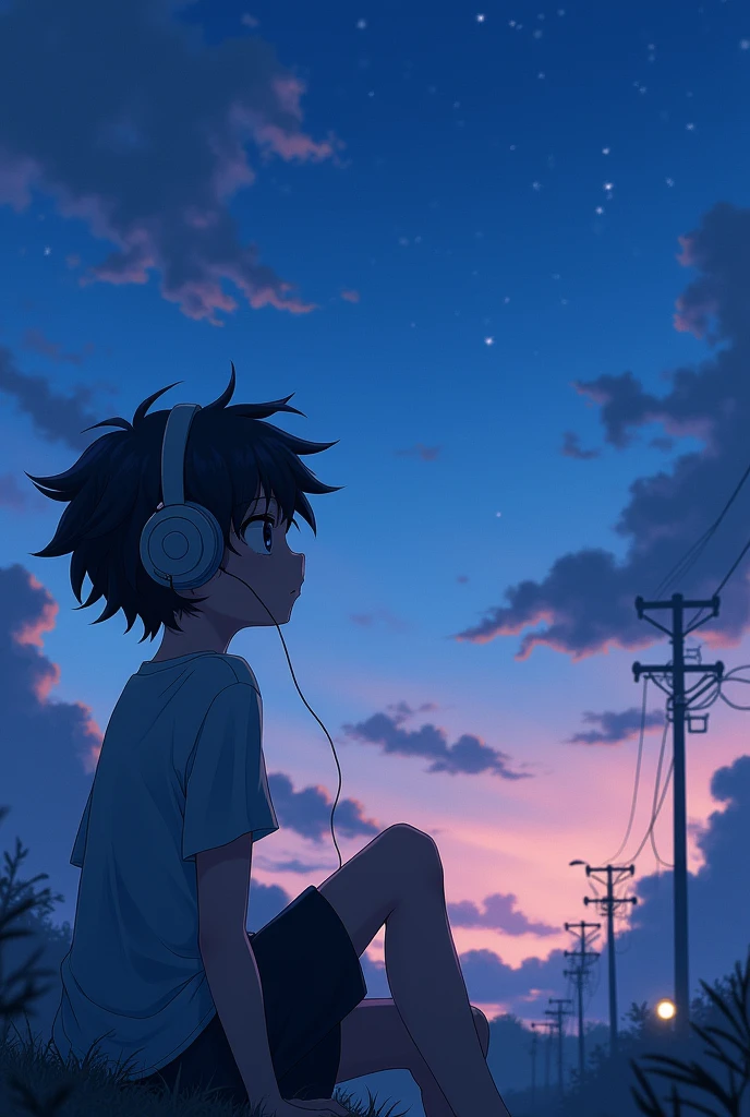 Sad Anime boy Aesthetic Listening Music And See On Sky side pose With Headphones realesticPic