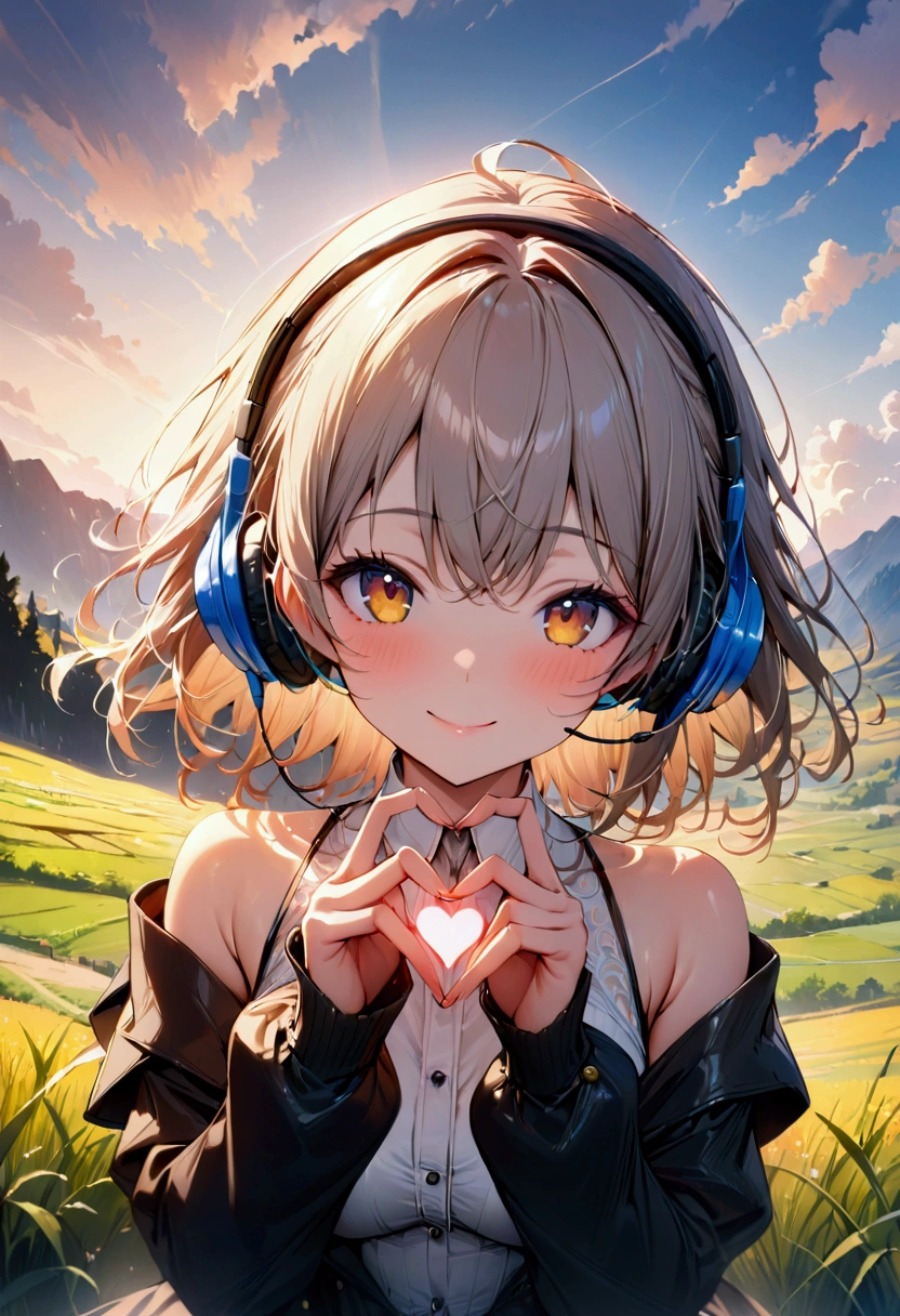 beautiful girl,headphone, smile,Cinema Lighting, (masterpiece:1.2), 最high quality, high quality, High resolution, (Super detailed), Detailed Background, One person,field,Bright sky,looking at the camera,Making a Heart with Fingers,Daytime,