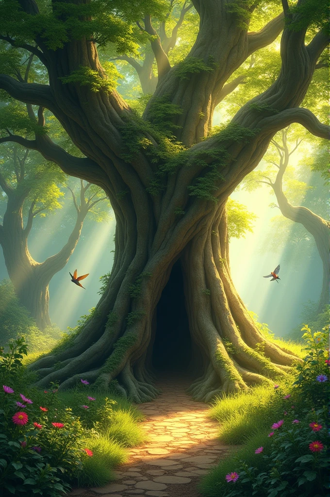 Morning in the Magical Forest:**
   - A serene morning scene in a dense forest with sunlight filtering through the tall trees. Birds are chirping, and a large tree with a clear space underneath is the focal point.