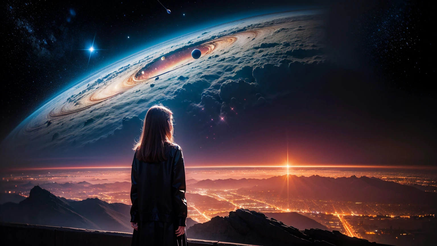 A woman stands in front of a painting of planets, Futuristic city in the background, Psychic Trance Artwork, Interconnected human life, Panoramic view of the girl, progressive rock album covers, An endless dream, Stardust, Milky Way, Stoner Rock --ar 16:9-5th.1