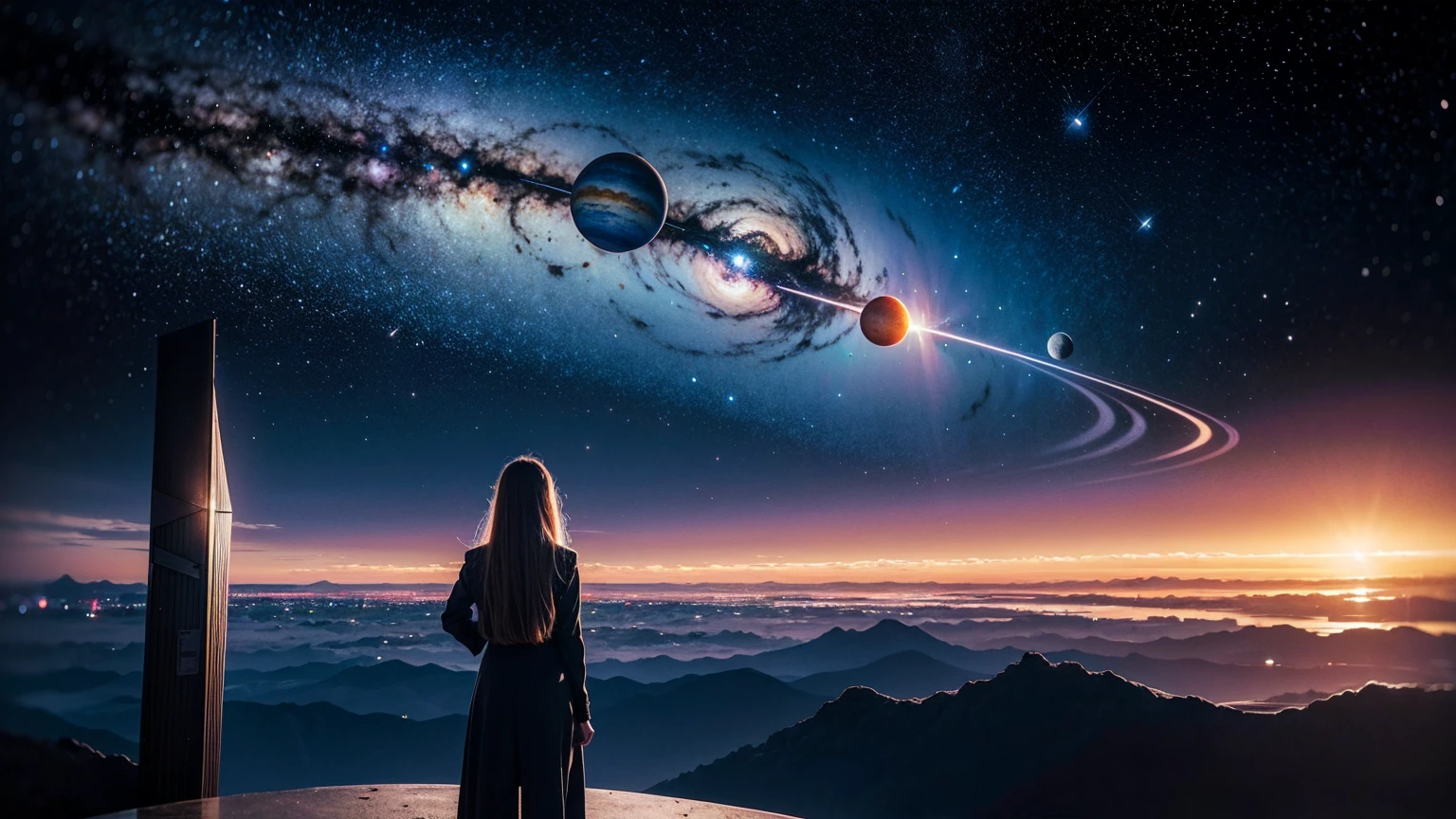A woman stands in front of a painting of planets, Futuristic city in the background, Psychic Trance Artwork, Interconnected human life, Panoramic view of the girl, progressive rock album covers, An endless dream, Stardust, Milky Way, Stoner Rock --ar 16:9-5th.1