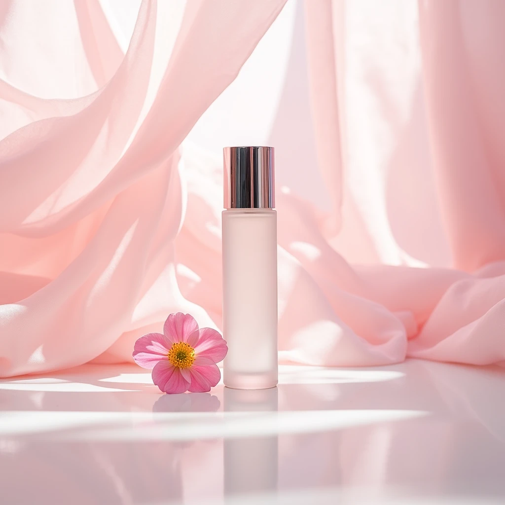 In this bottom view shot , the whitening essence bottle sits on a gleaming white surface , surrounded by wisps of pink chiffon . A flower next to the product. The bottle is slender and sophisticated , with a clear glass body and a gleaming silver cap . The chiffon adds a delicate , feminine touch to the image , while the clean lines and minimalist styling emphasize the elegance of the product .pink background . Shot by Ellen von Unwerth , using a Sony Alpha a7R IV and a Sony FE 50mm f /1.8 lens iw 2 --s 50
