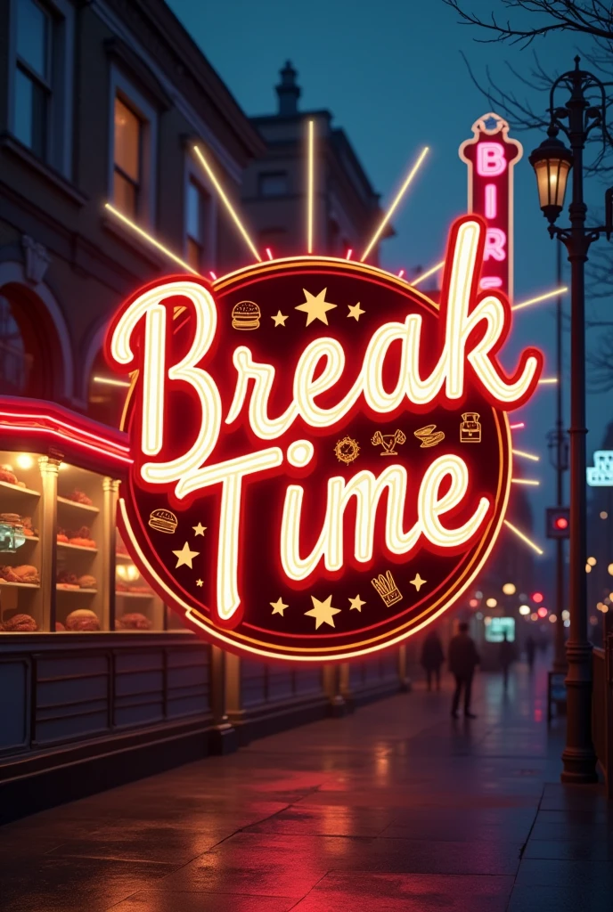 Break time logo fast food sophisticated and vintage style with neon lights
