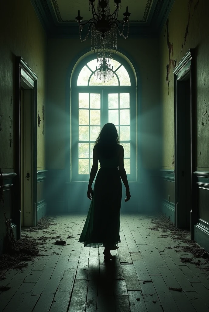 Image 3: Inside the MansionRadha cautiously steps inside the mansion, surrounded by darkness, cobwebs, and dust. A faint, eerie light or shadows hint at something supernatural.Image 4: