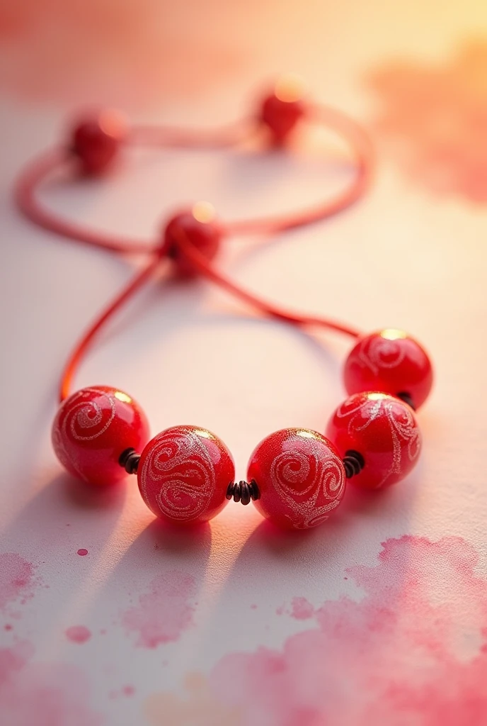 A bracelet with 5 red beads painted, drawing, watercolor style