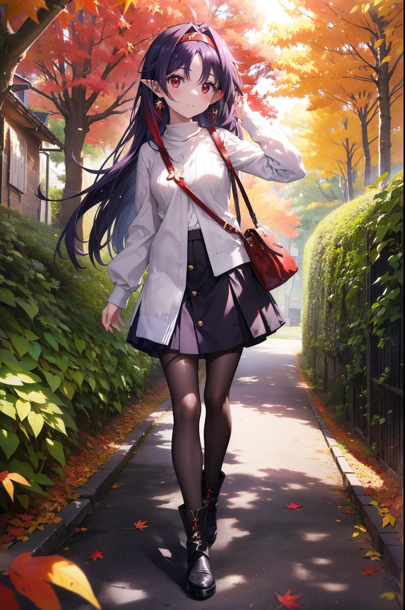 yuukikonno, Yuuki Konno, hair band, Long Hair, Pointed Ears, Purple Hair, Ahoge,(Red eyes:1.5), (Small breasts:1.2), smile,blush,Close your mouth,purple v neck sweater,mini skirt,Black pantyhose,short boots,Walking,autumn leaves,autumn leaves,scattered,autumn leavesが積もっている,Autumn sky,whole bodyがイラストに入るように,
break looking at viewer, whole body,
break outdoors, garden,forest, nature,
break (masterpiece:1.2), Highest quality, High resolution, unity 8k wallpaper, (figure:0.8), (Beautiful attention to detail:1.6), Highly detailed face, Perfect lighting, Highly detailed CG, (Perfect hands, Perfect Anatomy),