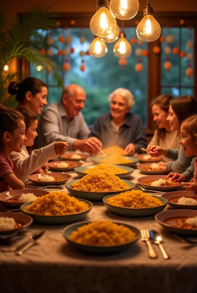 A large family eating curry rice
