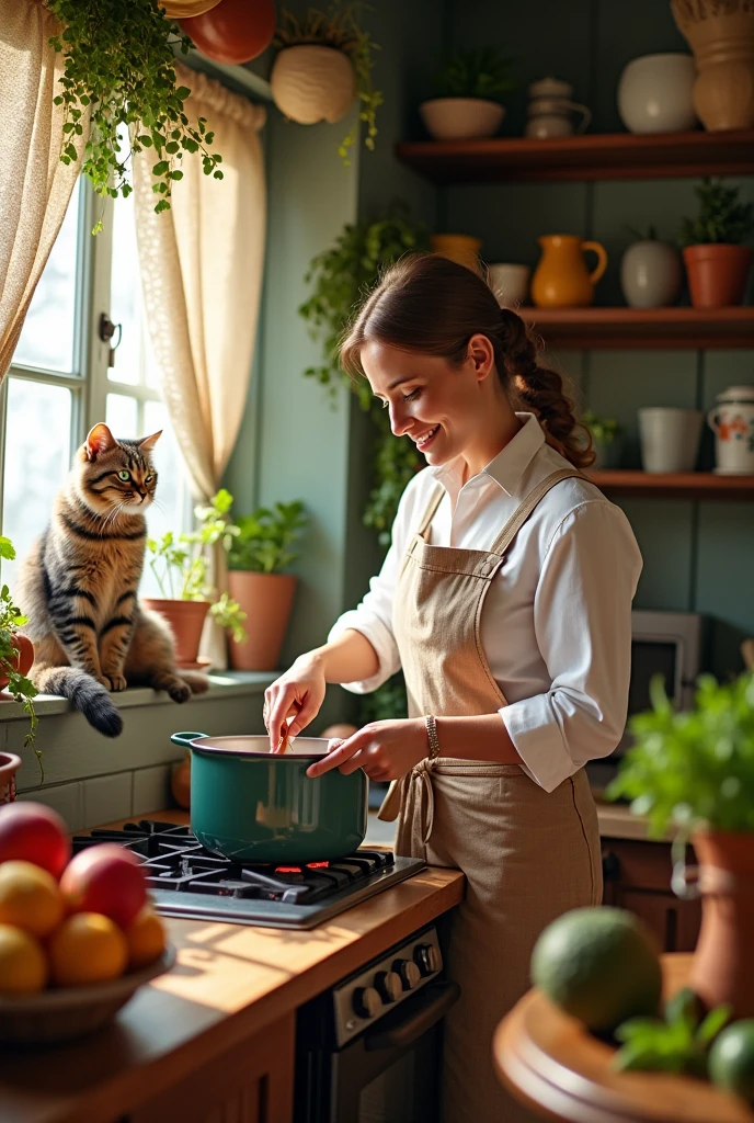 A well decorated  kitchen, a woman cooking in the kitchen and a cat sitting behind the woman and watching the cooking.