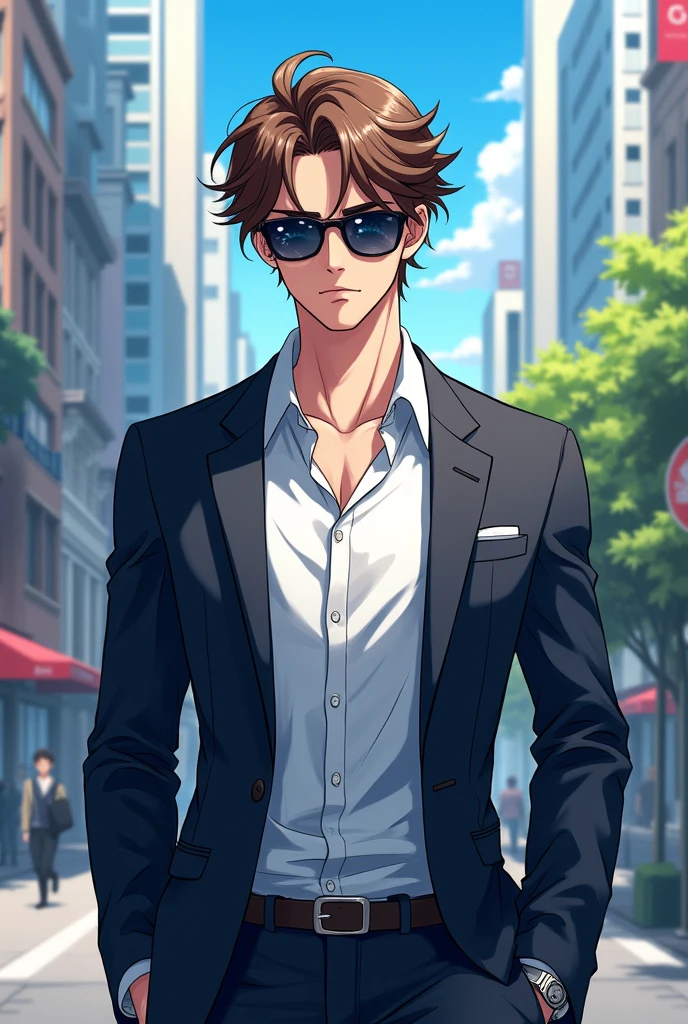 No glasses, brown hair, not dark, athletic body, sunglasses that match your figure, semi-formal clothing, mysterious, handsome, and a touch of anime drawings