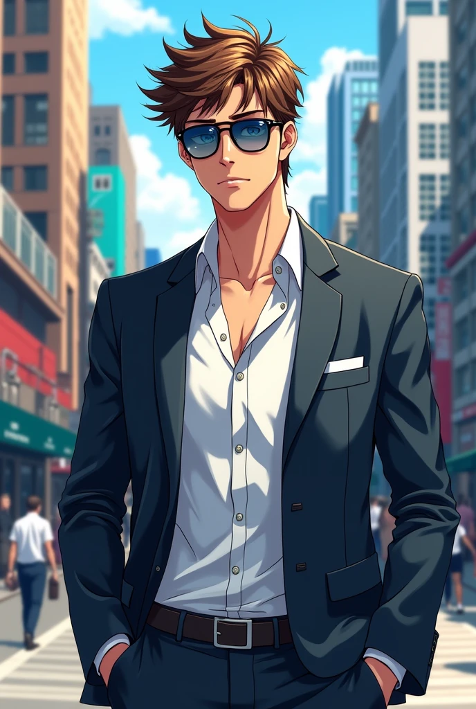 No glasses, brown hair, not dark, athletic body, sunglasses that match your figure, semi-formal clothing, mysterious, handsome, and a touch of anime drawings 