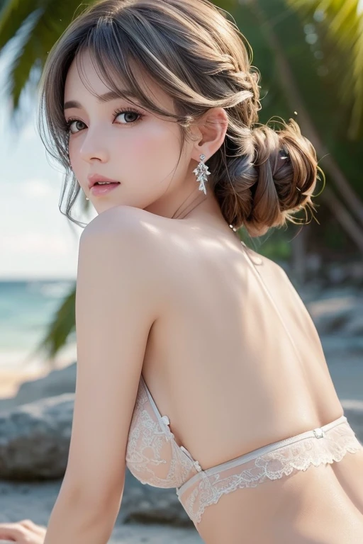 Silver lace thong bra, (((Very elegant and beautiful, Perfect detail, Very detailed))), whole body,On all fours,From the back, Most detailed, Written boundary depth, 美しく詳細なwhole body, Thin legs, 1 person, 30 years old, Very short hair, Spiked Hair, Gray and silver hair, Beautiful detailed hair, Perfect Face, Expressionless, Beautiful, detailed, deep eyes, Please open your mouth a little, Delicate arms and hands, Pale skin, Earrings, HD background,, Very delicate and beautiful, masterpiece, (((Highest quality, Very beautiful 8K CG wallpaper))), (((Trendy hairstyles))), Beach
