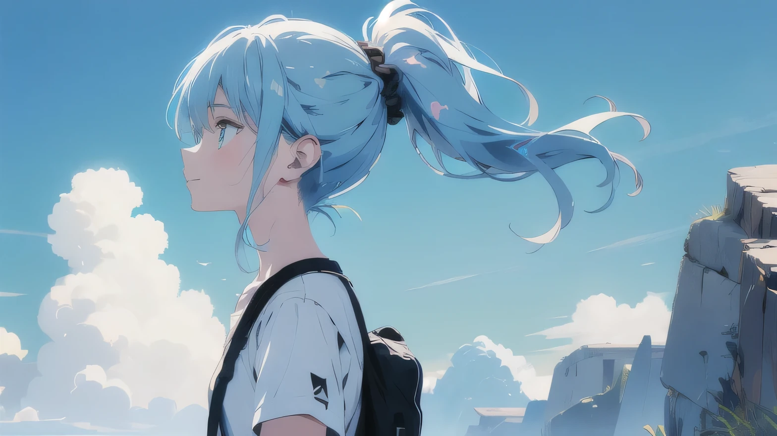 absurdres, highres, (official art, beautiful and aesthetic:1.2), close view,
shining sky, vast world, girl, gazing, awe-inspiring expression, distant horizon, clouds, high hill, natural beauty, inspiration, light effects, (light blue hair, ponytail) and (light blue eyes), (t-shirt) and (shorts), big smile, happy, ((Gazing Upward)), (((bold outline))), Vector art, paint in a solid color