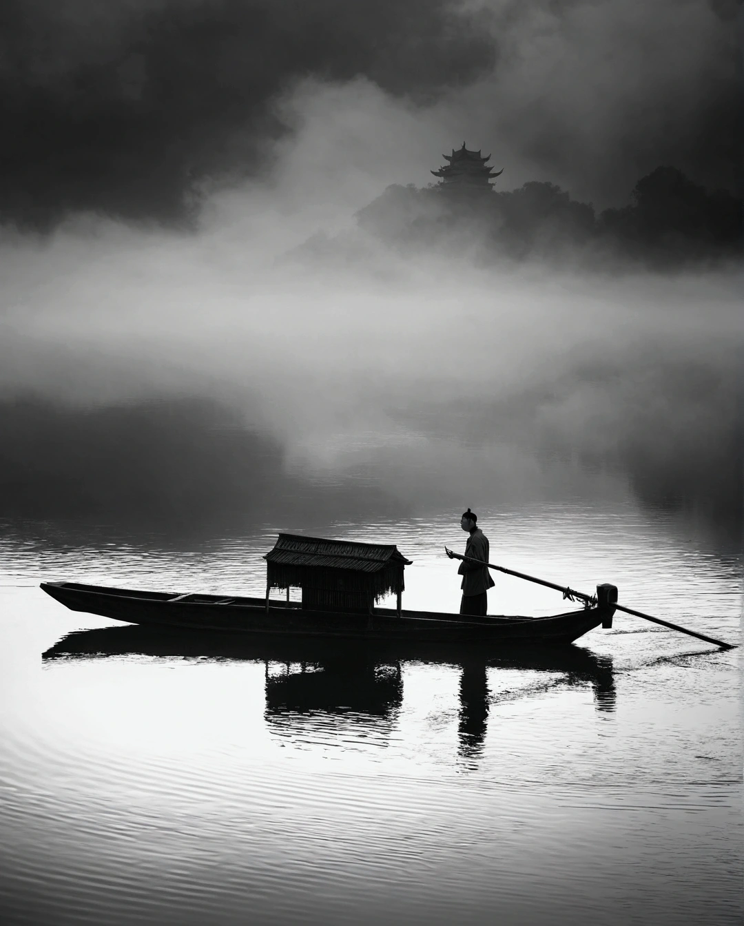 A man sitting in a boat on the lake,There was a dog by his side, Fanhao Photography, author:Wu Wei, Pan Tianshou, by Cheng Jiasui, by Xia Yong, by Xie Shichen, author:Shen Quan, author:Yoshikatsu, author:Xu Xi, author Shang Xi, author:Shi Rui, by Zheng Xie, by Jiang Tingxi