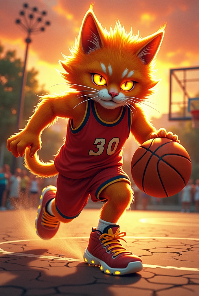Fire Angry Cat with an amazing shoes and fire jersey playing basketball