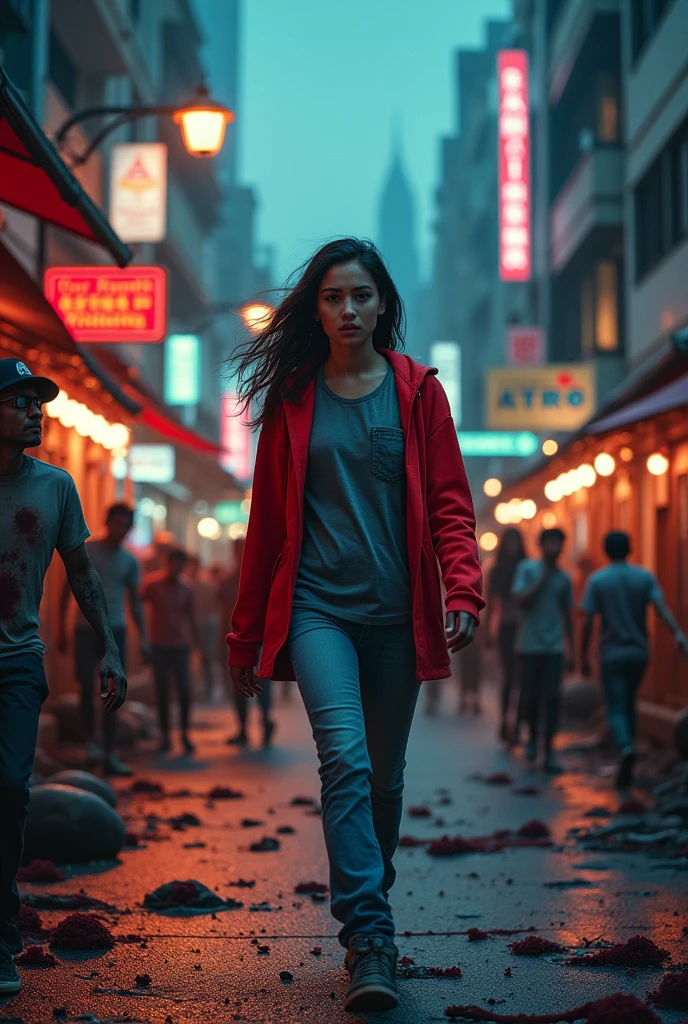 


A movie poster featuring a 20-year-old woman dressed in a red hoodie and a gray T-shirt with a pocket, walking through the heart of Bangkok. Zombies are following her, and there are dead bodies scattered on the streets."




