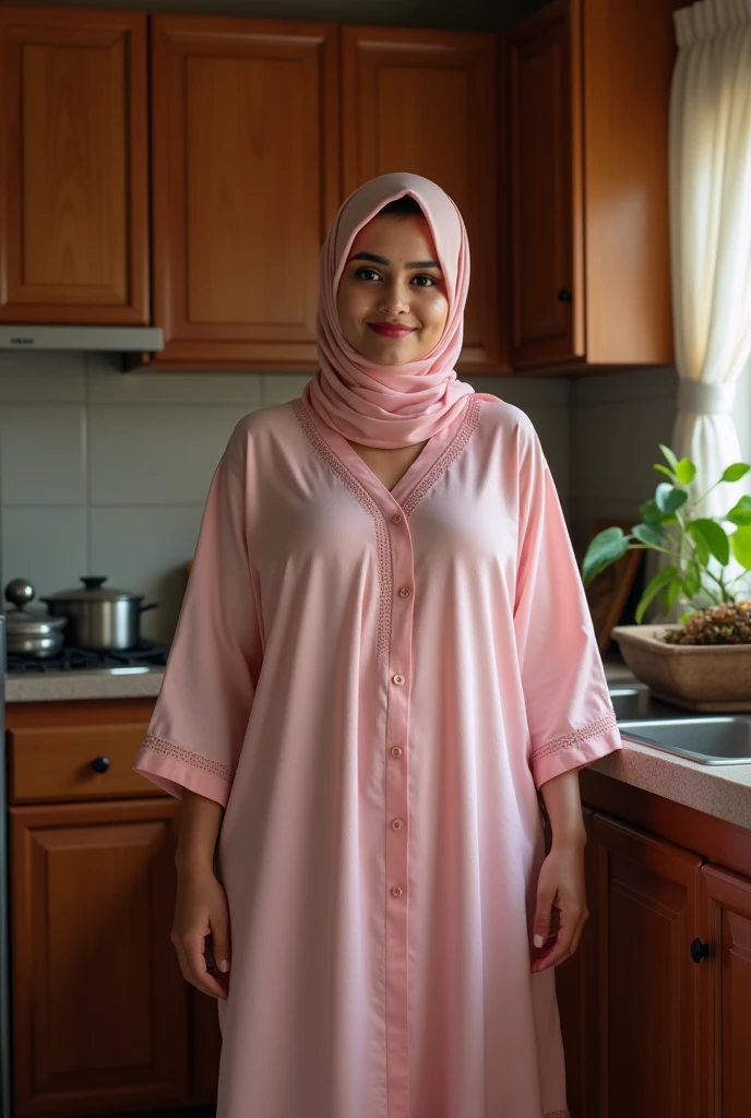 Hijab Indian curvy young female white fair skintone wearing sleepwear pink kerala nighty hijab scarf in kerala kitchen Realistic image. body figure looks like actress nithya menon.big breast. No carpet. No indoor plants. Front view. Wearing hijab scarf