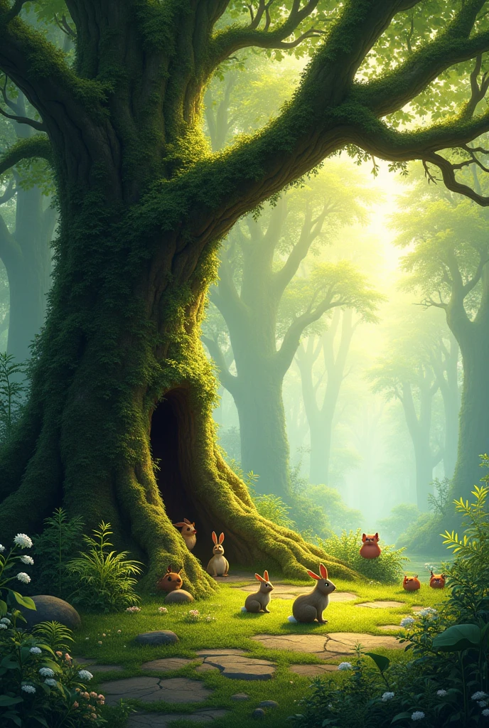 Morning in the Magical Forest:**
   - A serene morning scene in a dense forest with sunlight filtering through the tall trees. Birds are chirping, and a large tree with a clear space underneath is the focal point.