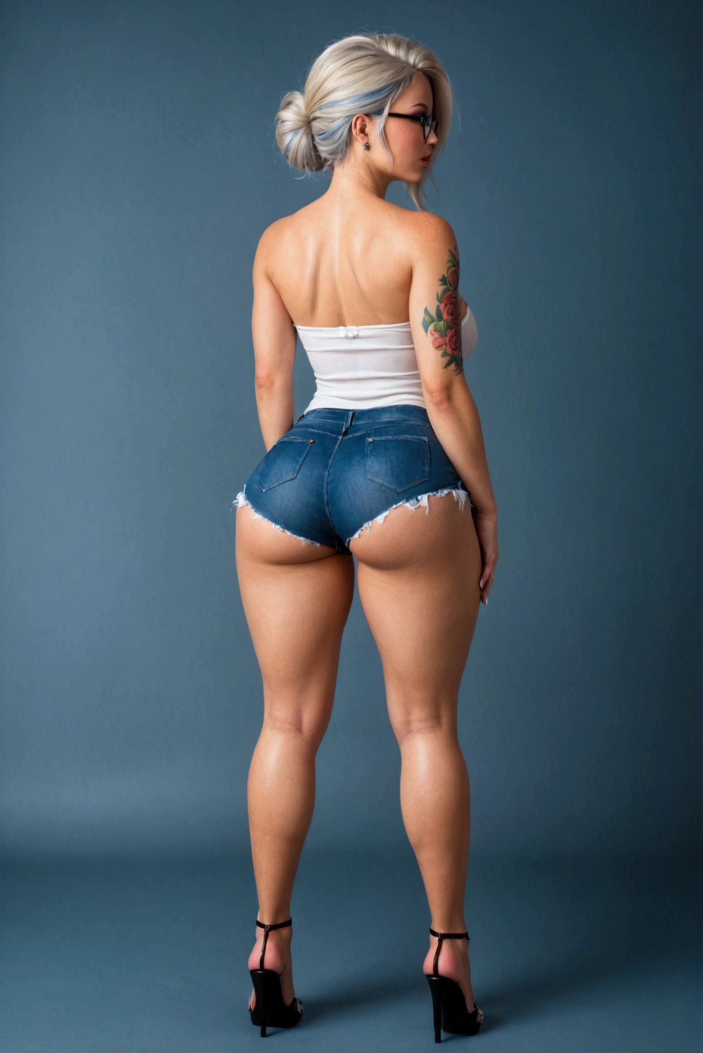 Beautiful woman milf 40 years old blonde white skin several tattoos freckles perfect anatomy medium athletic body hourglass figure perfect light honey colored eyes very detailed intricate details wears drop glasses long and messy silver colored hair her clothes are mini ripped jean shorts at the hips a very sexy lace bralette high heel pumps she walks very seductively and confidently down a street in Brazil (((view from behind)))