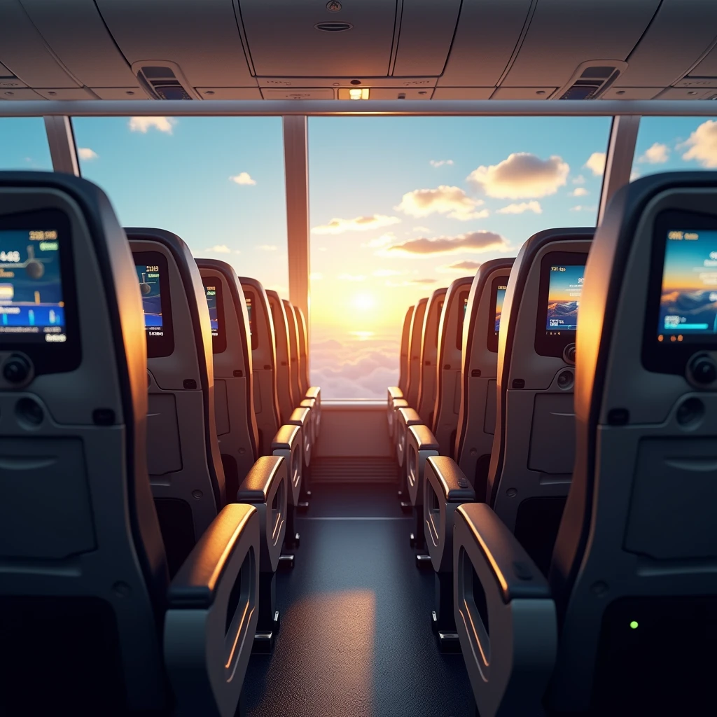 In the cockpit of the aircraft，You can see a lot of airplane seats，The seats have screens on the headrests，Real Effects，No passengers，Can see out the window and back of the seat，Camera rotates 45 degrees VR effect，Afternoon Effect
